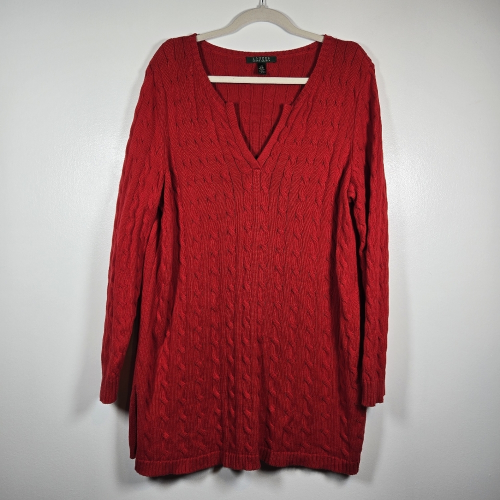 Lauren Ralph Lauren Red Cotton V-Neck Cable Knit Long Tunic Sweater Plus Size 1X